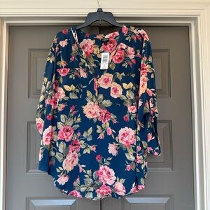 Torrid Navy Floral Blouse with Pink and Green Accents